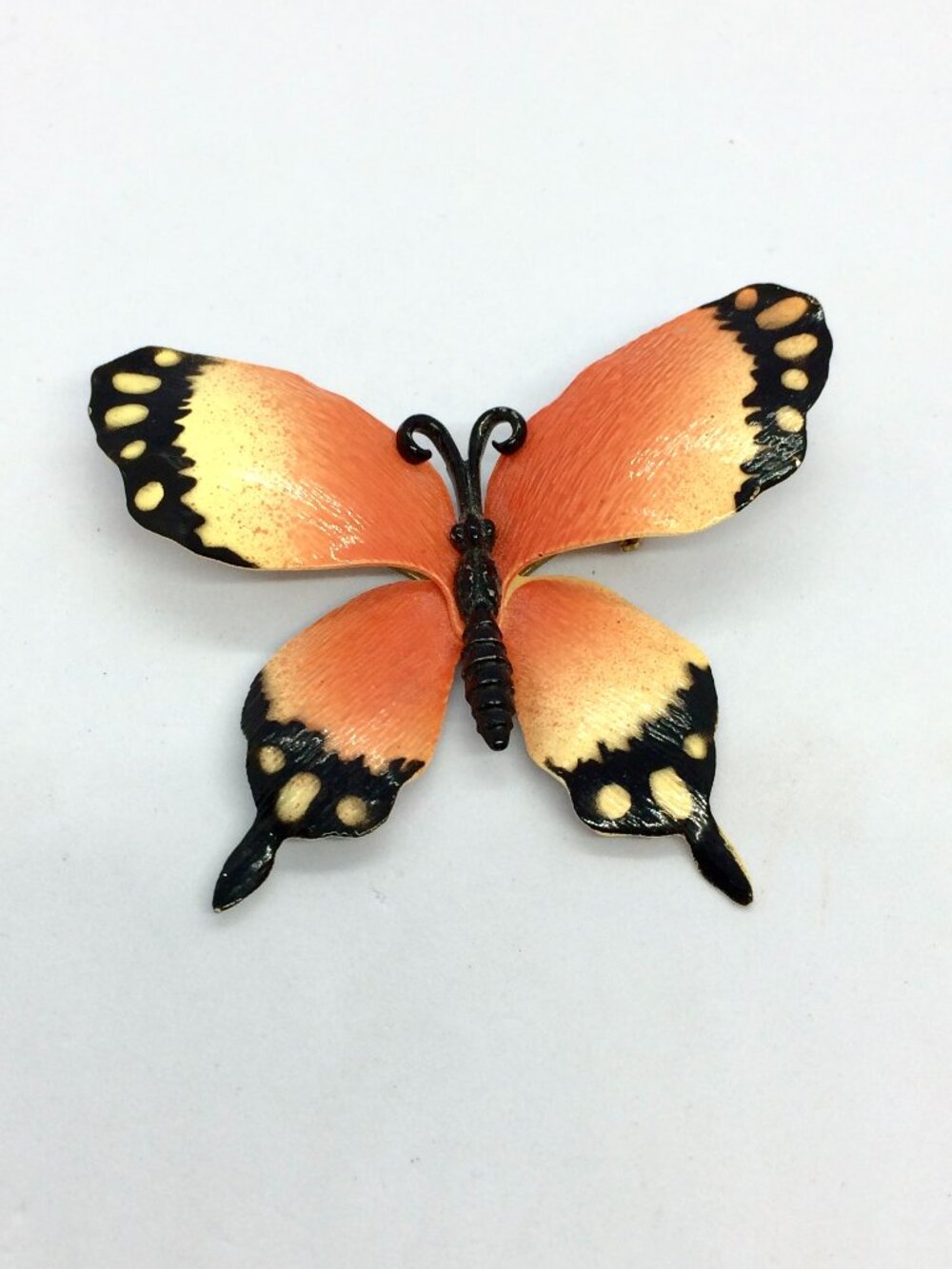 VINTAGE BUTTERFLY BROOCH Painted Metal Orange Black Groovy Mod Boho Large